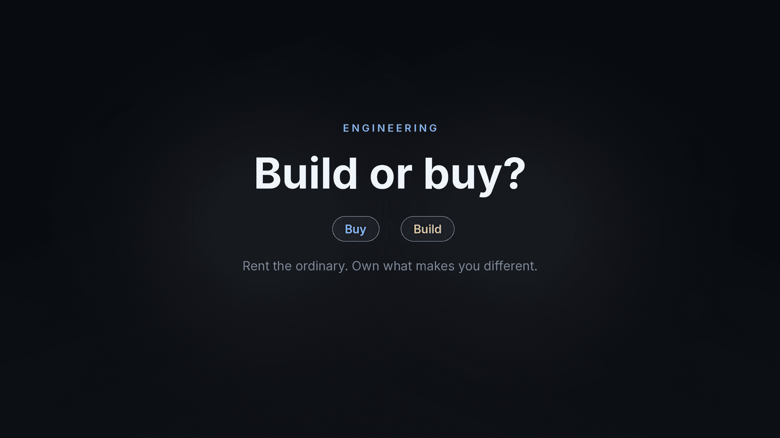 Dark cover titled Build or buy, with two columns showing when buying wins and when building wins.