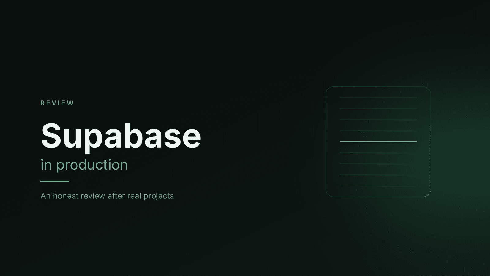 Dark green cover reading Supabase in production, with a review label and an abstract panel of data rows with one row highlighted in green.